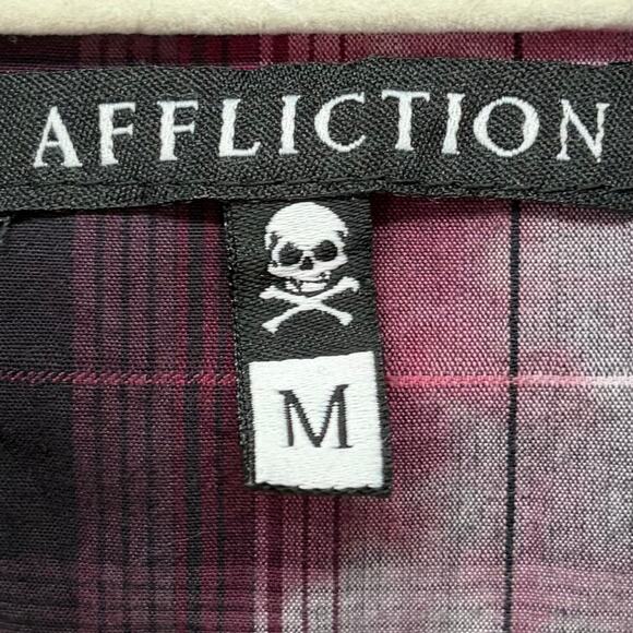 Affliction Womens Y2K Button Up Shirt M Black Maroon Plaid Moto Spell Out Logo - Picture 10 of 12